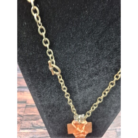 Handmade Copper Wire Wrapped Cross Necklace Red Gemstone Signed 26" Toggle Clasp - Picture 5 of 8